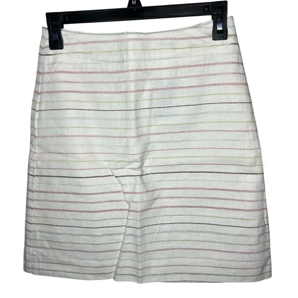 New! LOFT Petite Off White Striped A-Line Short Linen Blend Women’s Skirt SZ 0P